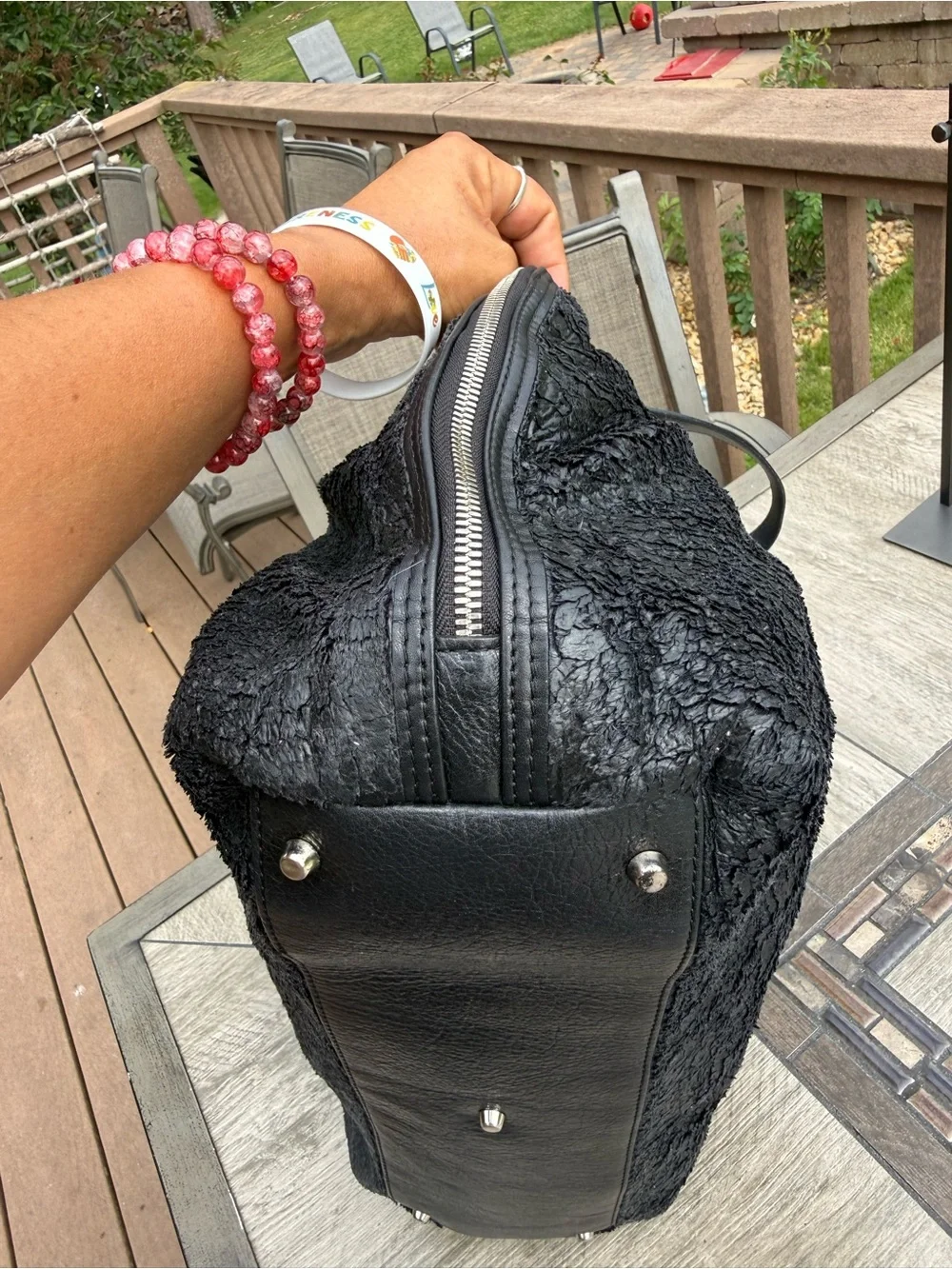EUC Furla Black mixed-texture design Leather Satchel Rare Vintage Tote Bag - Picture 6 of 11